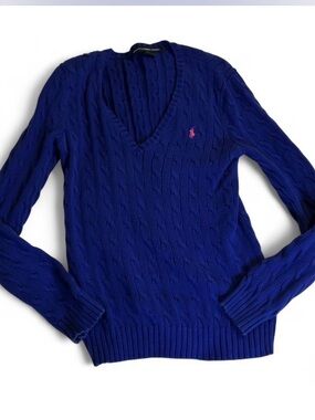 Ralph Lauren Women’s Cable V-Neck Sweater in Deep Blue with Pink Pony